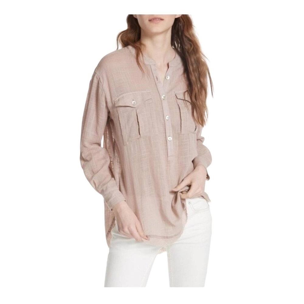 Free People Talk to Me Blouse Womens Large Beige Gauze Raw Hem Boho Romantic
